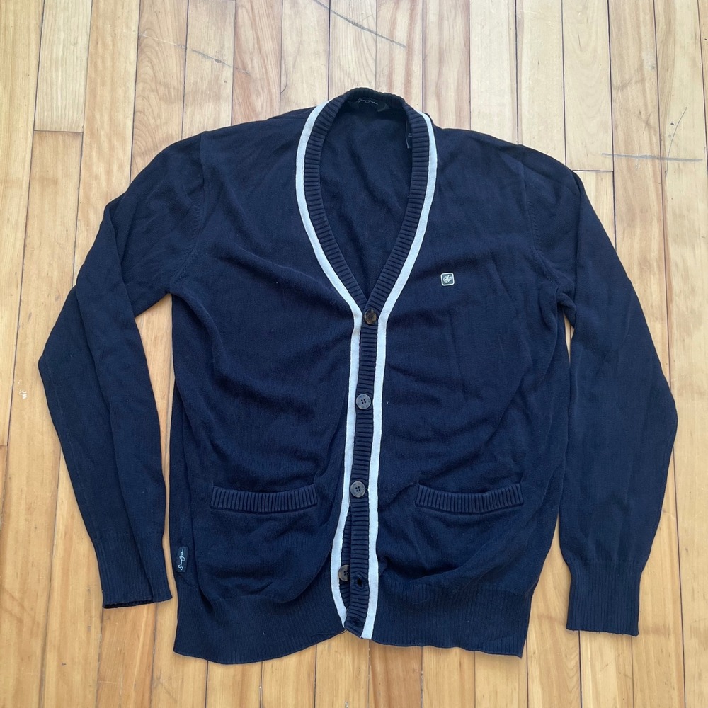 Sean John Mens Navy Blue Cotton V-Neck Button Front Cardigan Sweater Large